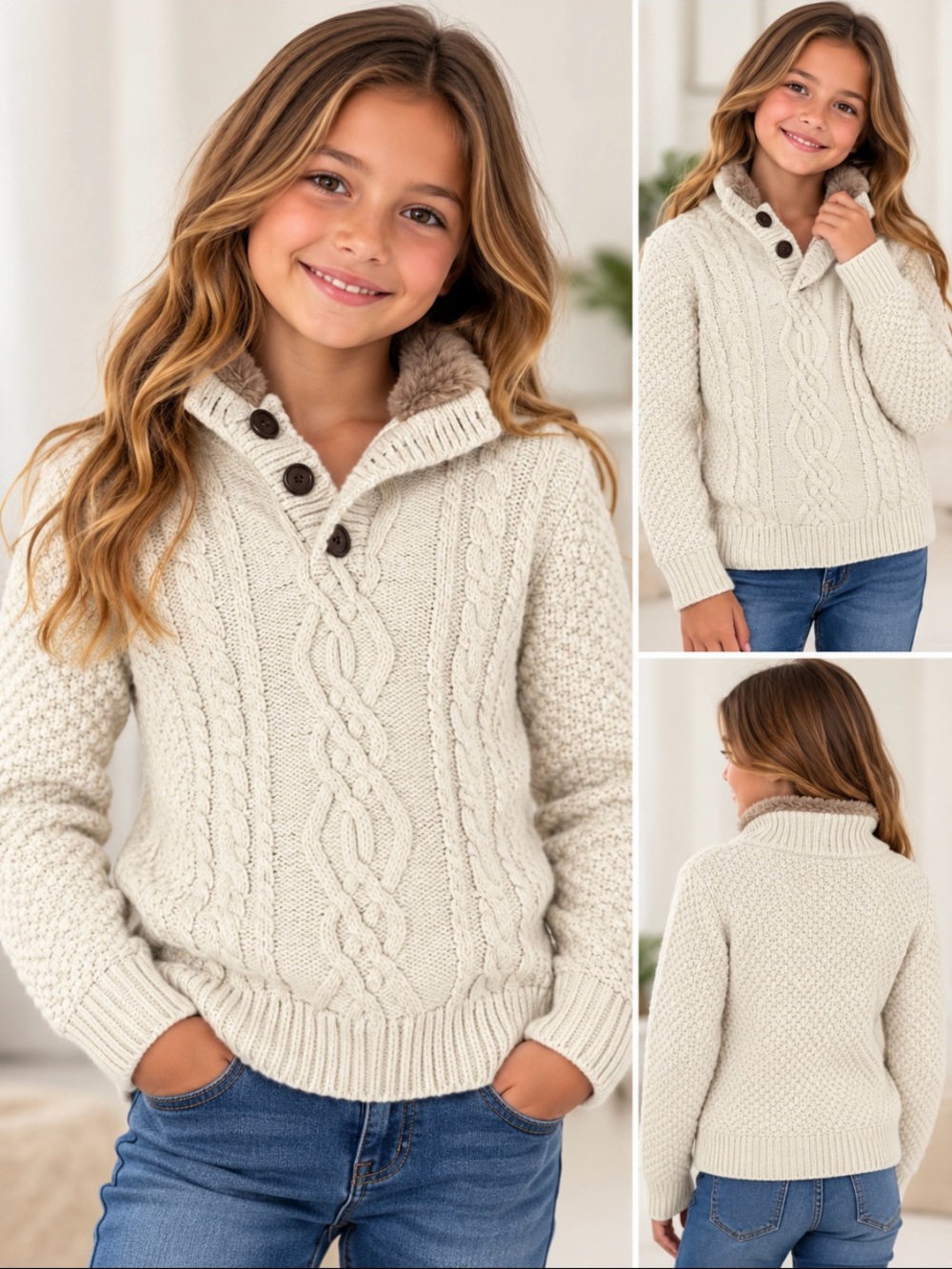 Gap Kids Girls Size 10 Cream Cable Knit Sweater Faux Fur Collar Cozy Winter